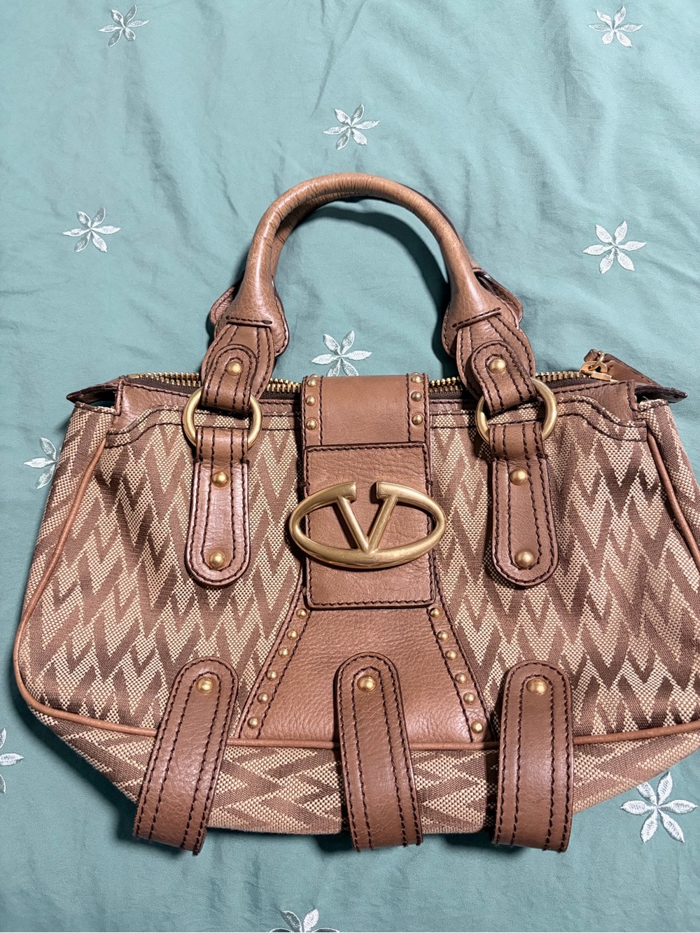 Valentino Studded Raffia Tan Patterned Satchel